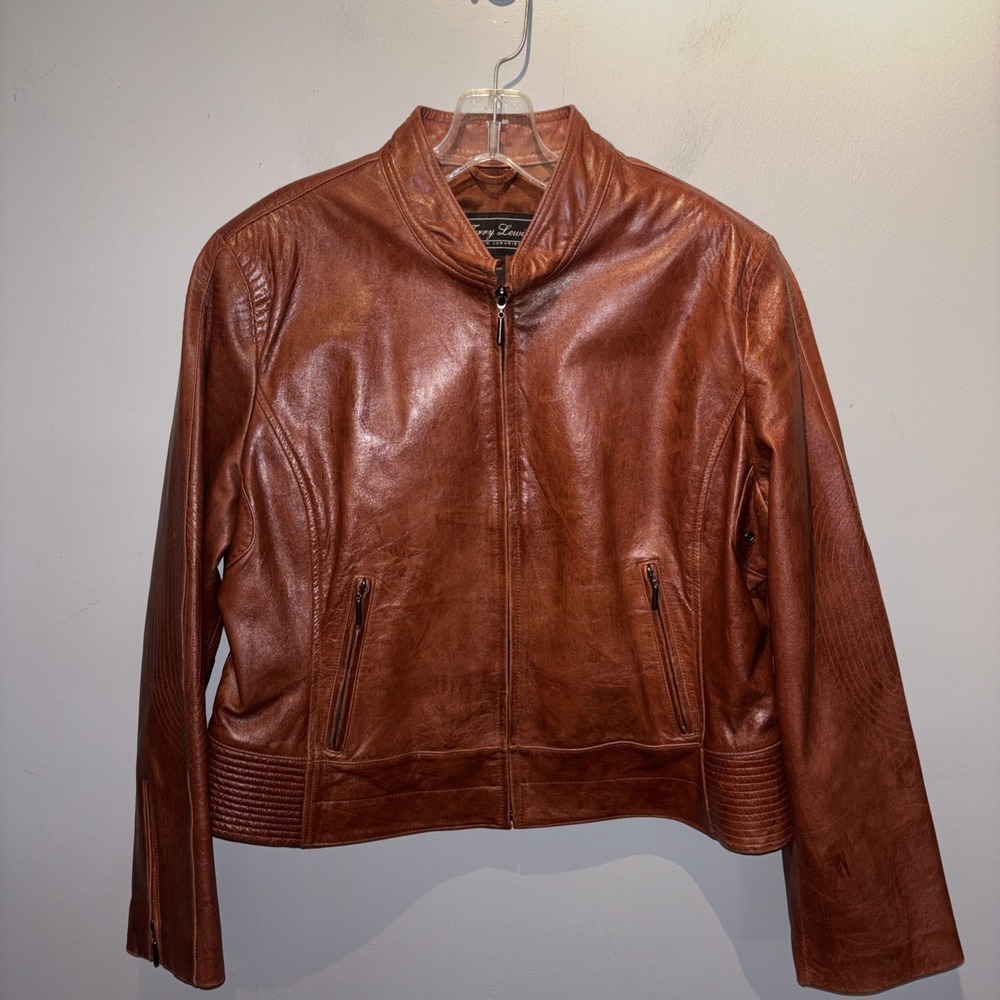 Vintage Terry Lewis Leather Coat Cognac Brown Short Biker Moto Boho Women's Sz L